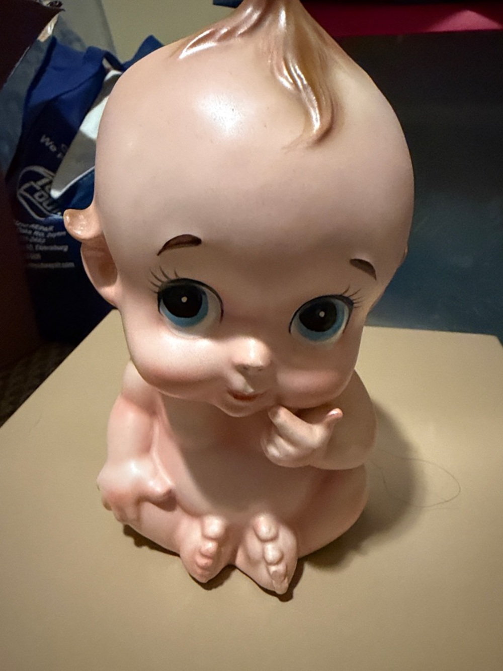 Vintage Lefton Pink Kewpie-Style Ceramic Figurine with Blue Eyes